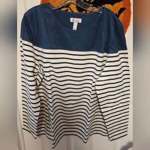 D.Co Navy and White Striped Women's 3/4 Sleeves with Suede Like Top